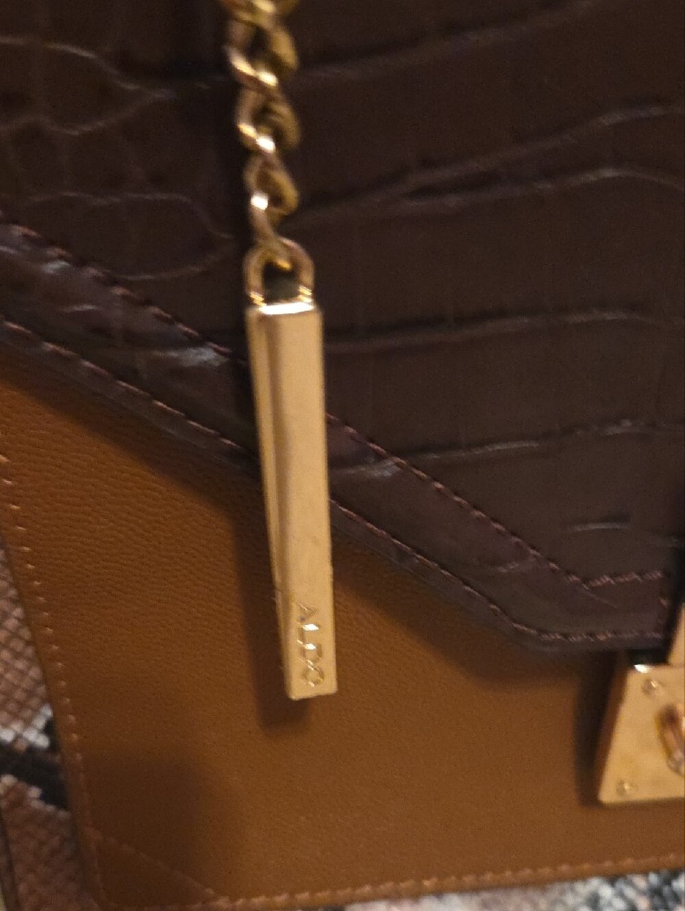Aldo Structured Brown Croc-Textured Top Handle Satchel with Snake-Print Accents - Picture 3 of 5